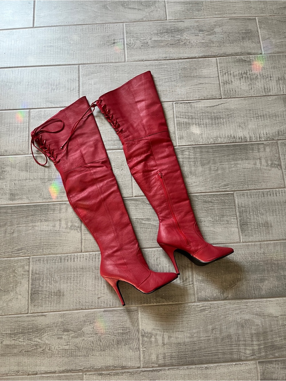 Pleaser red leather thigh high boots size 8